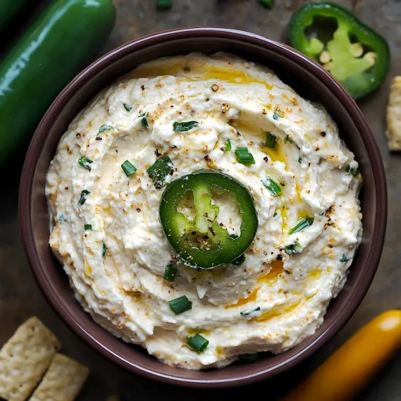 A bowl of dip with jalapenos and other vegetables.