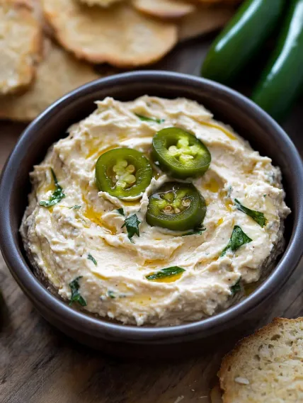 A bowl of hummus with jalapenos on top.