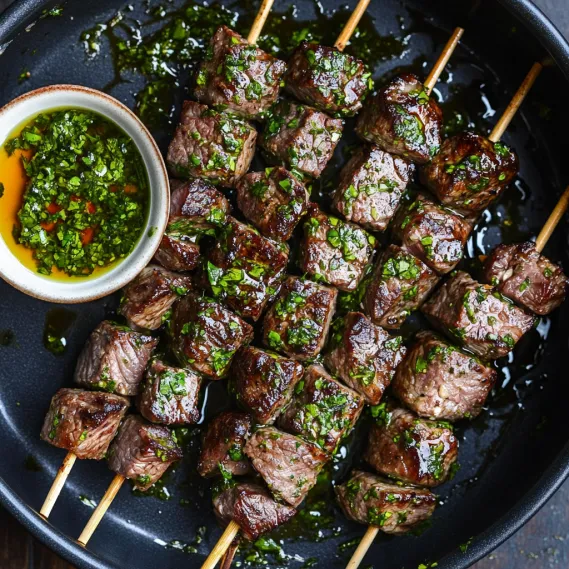 A plate of meat skewers with a bowl of sauce.