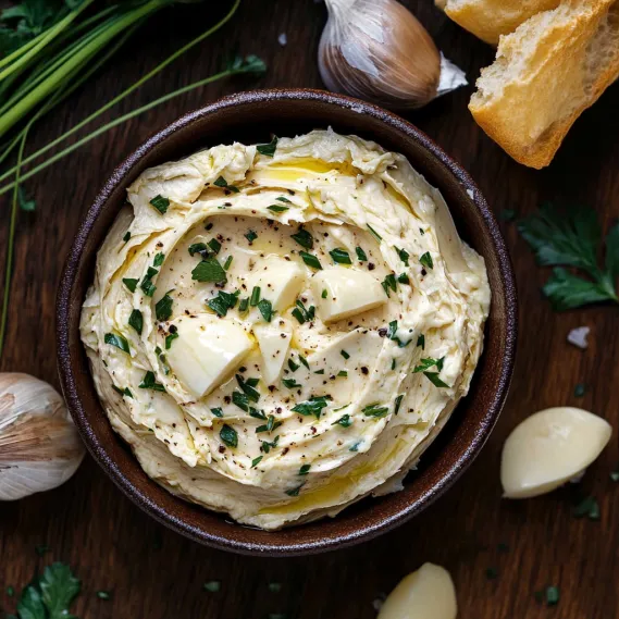 A bowl of garlic and herbs.
