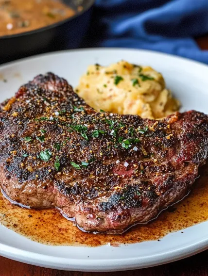A plate of food with a steak and potatoes.