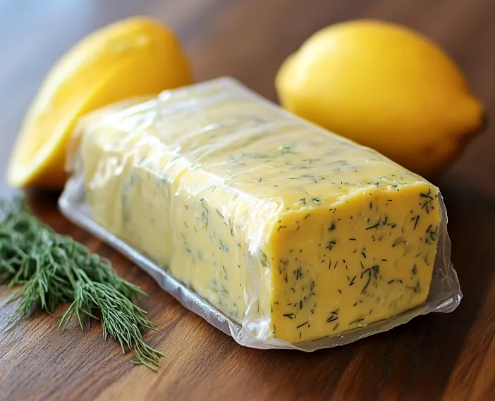 A package of butter with lemons on the table.