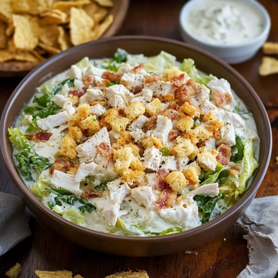 A bowl of chicken salad with bacon bits.