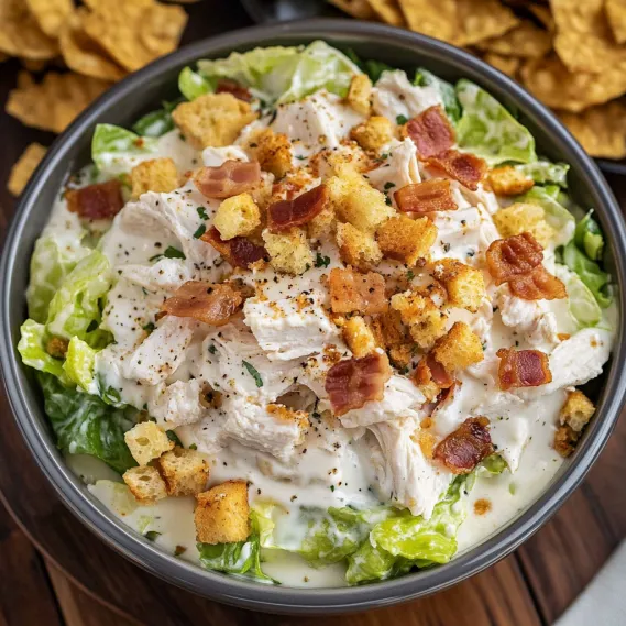 A bowl of salad with bacon bits.