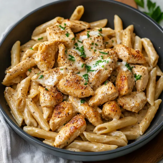 A bowl of pasta with chicken and cheese.
