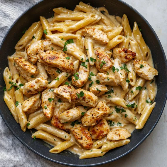 A bowl of chicken and pasta.