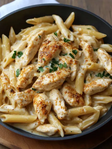 A bowl of pasta with chicken and cheese.