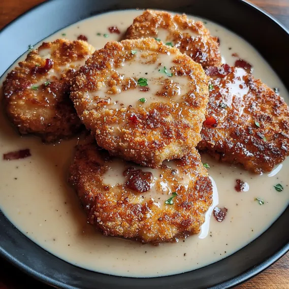 A plate of food with gravy.