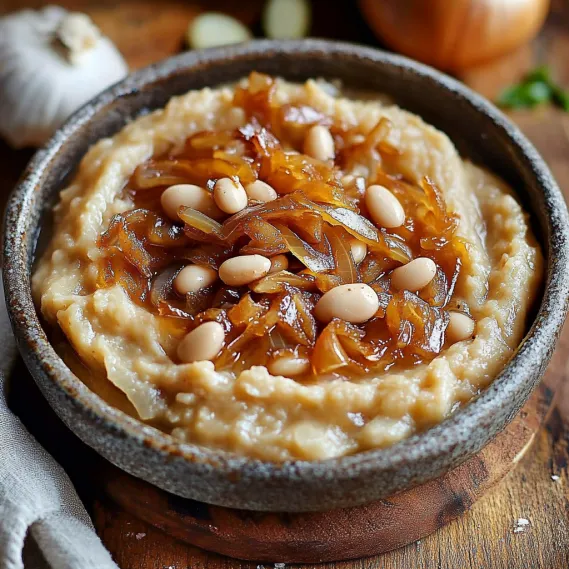 A bowl of food with onions and beans.
