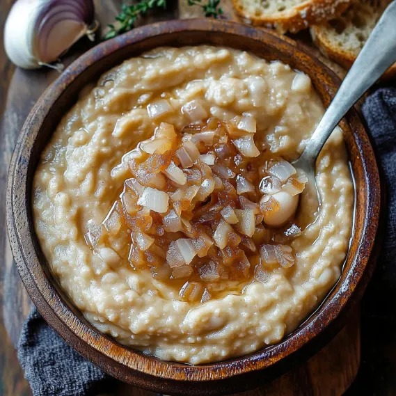 A bowl of soup with onions and garlic.