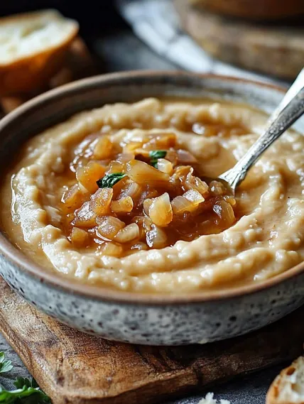 A bowl of soup with a spoon in it.