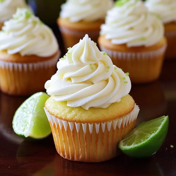 A cupcake with white frosting and a lime wedge on top.