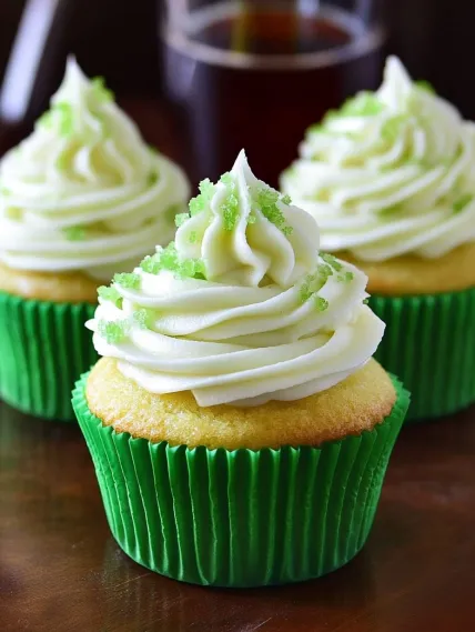 Two cupcakes with white frosting and green sprinkles.