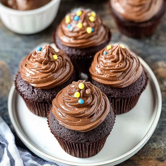 Chocolate cupcakes with chocolate frosting and yellow sprinkles.