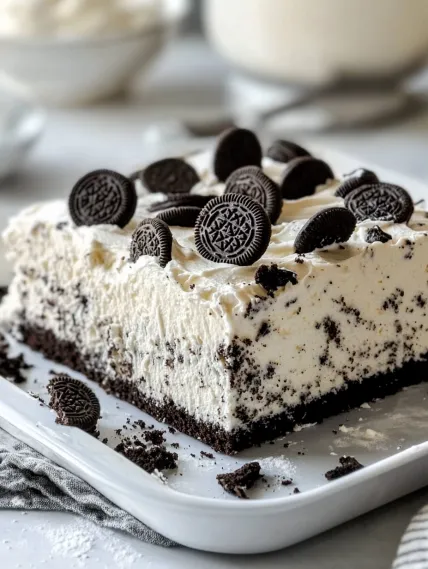 A slice of cake with chocolate and white frosting.