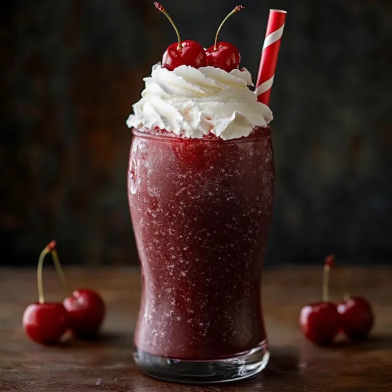 A glass of cherry flavored drink with a cherry on top.