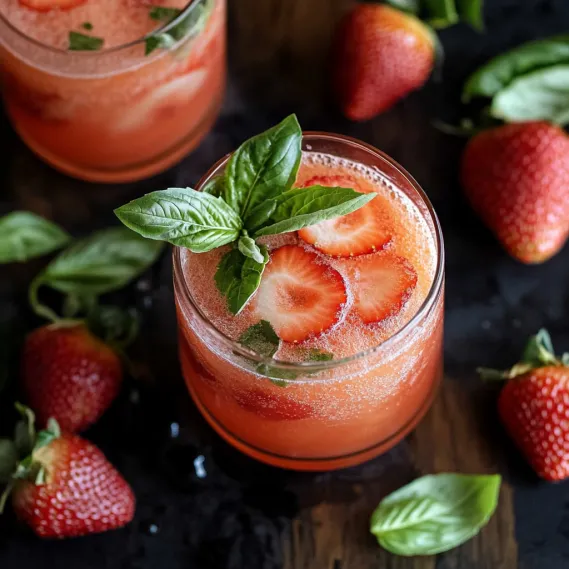 A glass of strawberry juice with a sprig of mint.