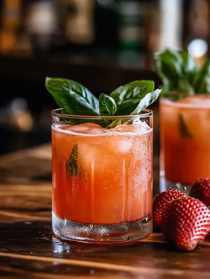 A glass of pink drink with a leaf in it.