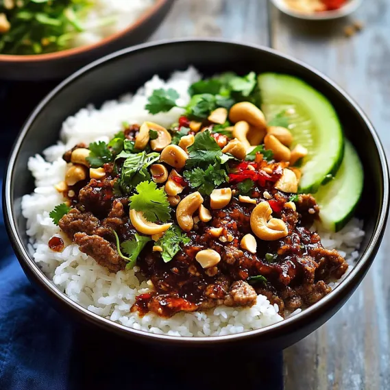 A bowl of food with rice, meat, and vegetables.