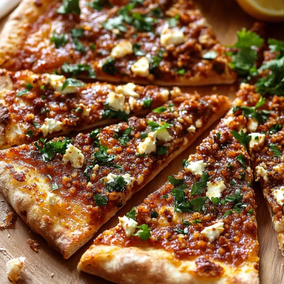 A pizza with cheese and herbs on a wooden table.