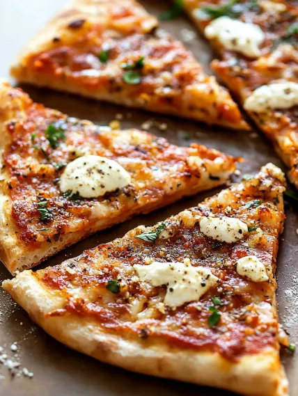 A slice of pizza with white cheese on top.