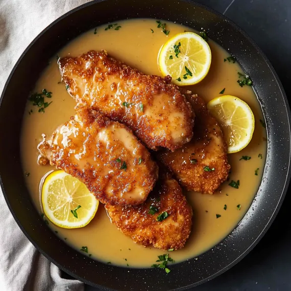 A plate of chicken with lemon slices on top.