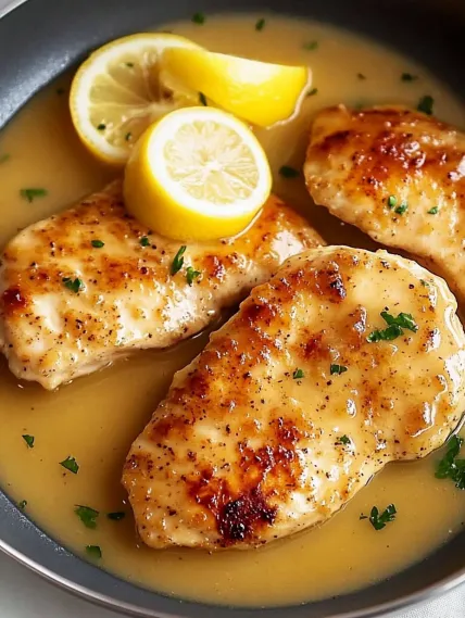 A bowl of chicken with lemon slices on top.