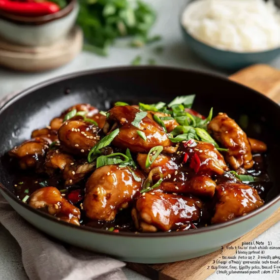A bowl of chicken with green vegetables.