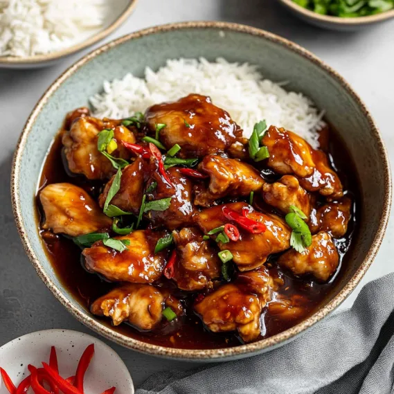 A bowl of chicken with rice and vegetables.