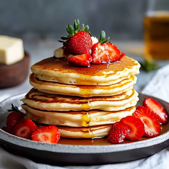 A stack of pancakes with strawberries on top.
