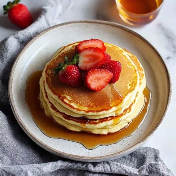 A stack of pancakes with strawberries on top.