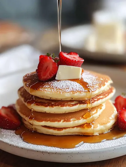 A stack of pancakes with strawberries and whipped cream.