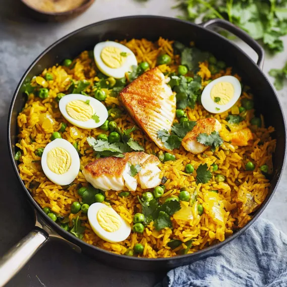 A pan of rice with peas, eggs, and fish.