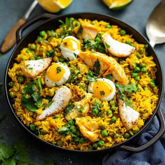 A bowl of rice with eggs and peas.