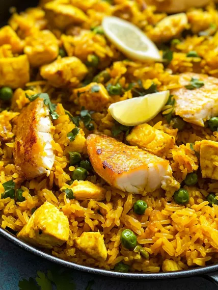 A plate of rice with chicken and peas.