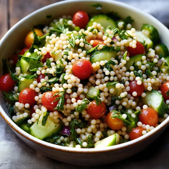 A bowl of vegetables including tomatoes, cucumbers, and green herbs.