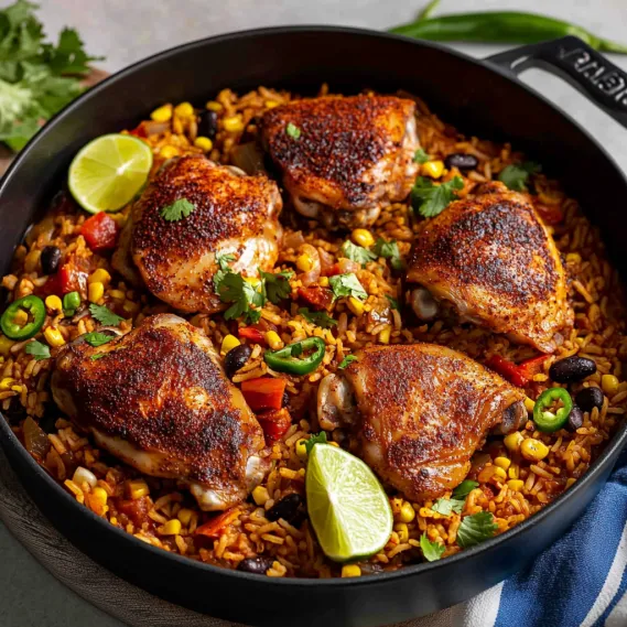 A pan of chicken and rice.