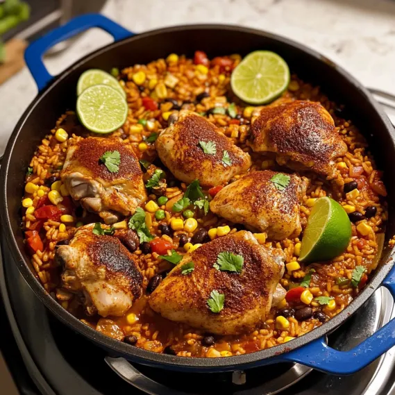 A pan of food with limes and chicken.