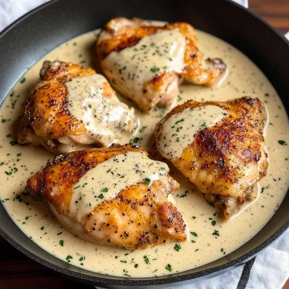 A pan of chicken with gravy.