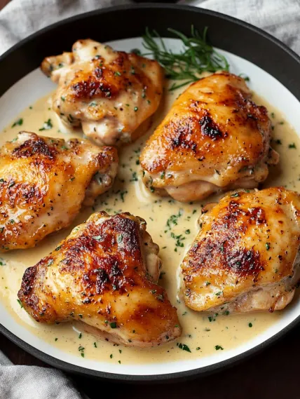 Chicken with sauce on a plate.