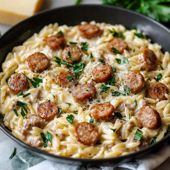 A bowl of pasta with sausage and cheese.
