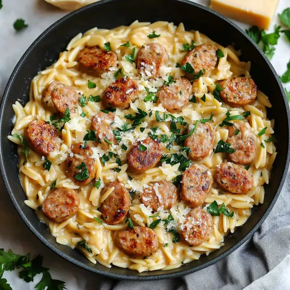 A bowl of pasta with sausage and cheese.