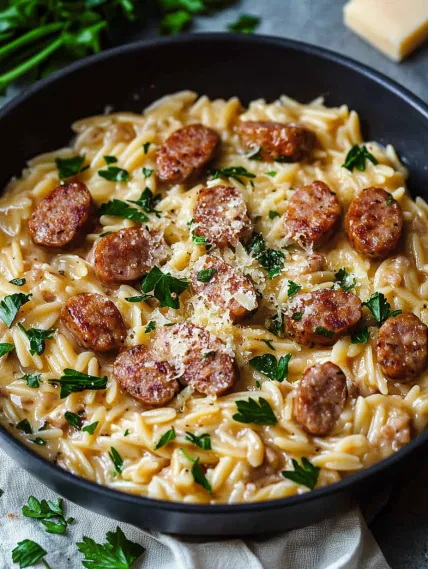 A bowl of pasta with sausage and cheese.