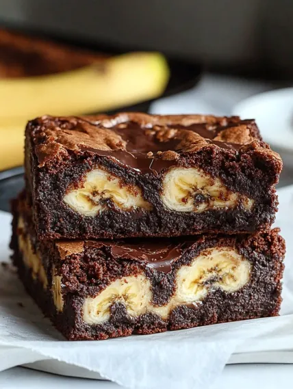 A slice of chocolate cake with bananas.