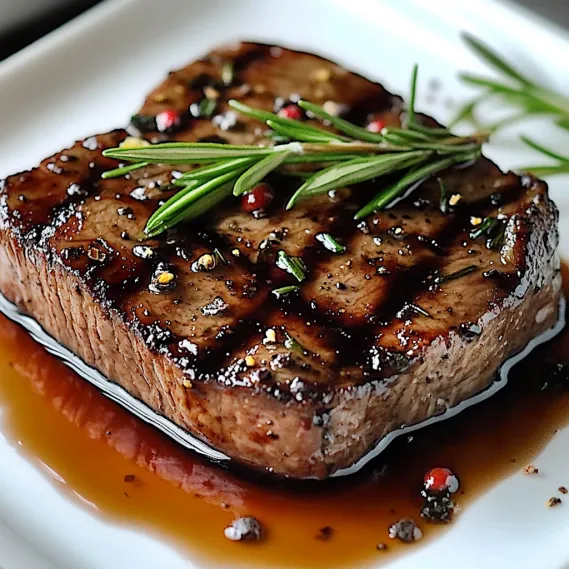 A piece of meat with herbs on top.