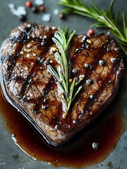 A heart shaped piece of meat with herbs on top.