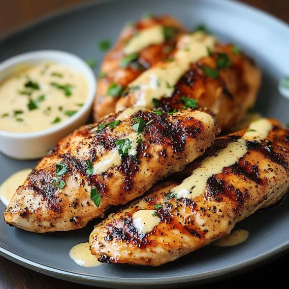 A plate of chicken with sauce.