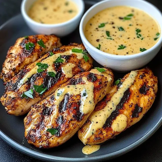 A plate of chicken with sauce and a bowl of sauce.