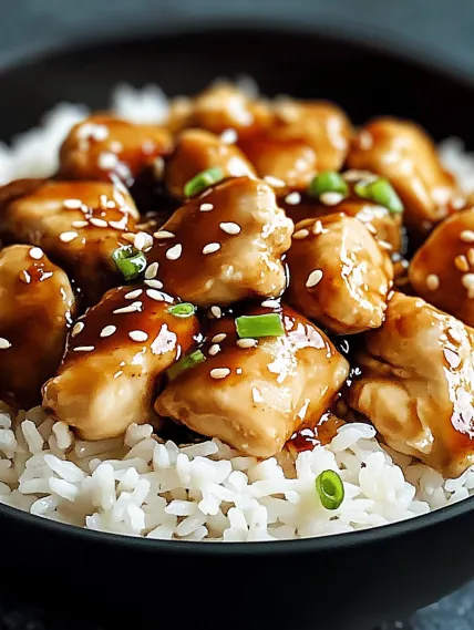 A bowl of rice with chicken and sauce.