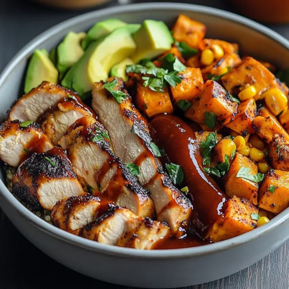 A bowl of food with meat, avocado, and corn.
